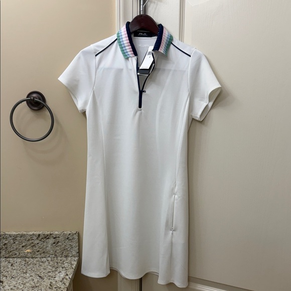 NWT Ralph Lauren White Polo with Navy Trim and Pastel Stripe Collar - Picture 2 of 6